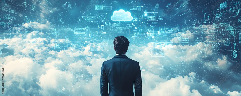 Leinwandbilder creative stock image depicting a businessman with cloud computing infographics and tech icons, illus