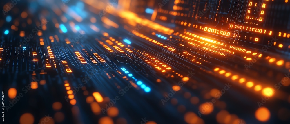 Aufkleber Dynamic background representing innovation in cyber technology, incorporating binary code, circuits, and glowing data streams