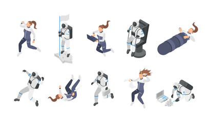 Isometric astronaut characters. Astronauts in spacesuits working and training, eating, sleeping at space station. Universe research, flawless vector set