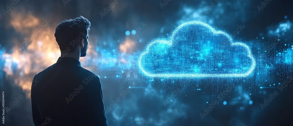 Poster Dynamic stock image of a businessman with cloud computing visuals and technology symbols, highlighting the future of digital innovation and transformation