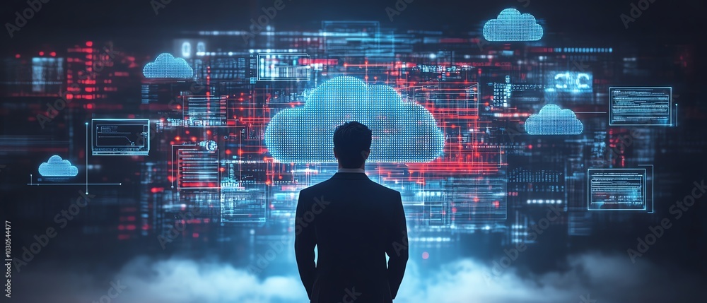 Poster Dynamic stock image of a businessman with cloud computing visuals and technology symbols, highlighting the future of digital innovation and transformation