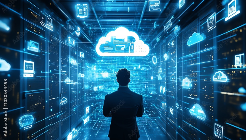 Poster Dynamic stock image featuring a businessman with cloud computing graphics, highlighting various technology icons symbolizing transformation and progress