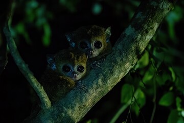 Fototapeta premium Two small primates resting on a tree branch in a dark, leafy environment.