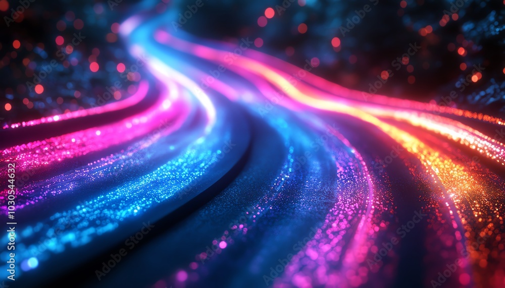 Poster Energetic portrayal of an information highway featuring flowing streams of colorful light, representing seamless connectivity and data movement