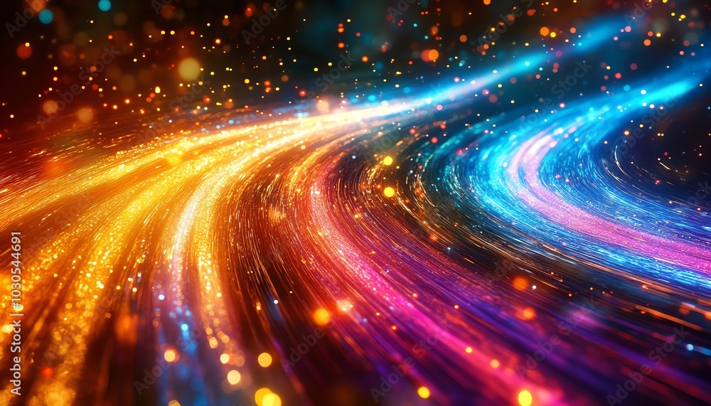 Poster energetic portrayal of an information highway featuring flowing streams of colorful light, represent