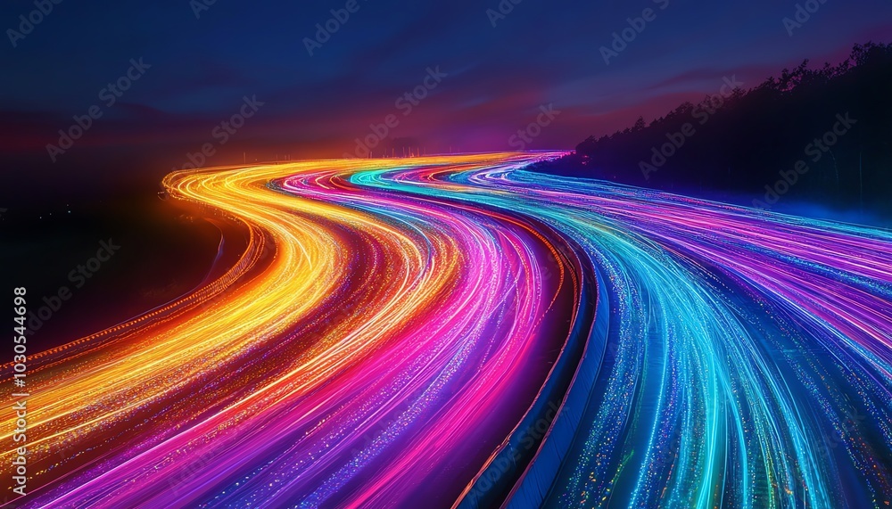 Fototapete Energetic portrayal of an information highway featuring flowing streams of colorful light, representing seamless connectivity and data movement