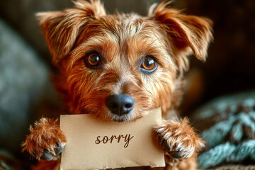 a ginger dog holding a note with the inscription Sorry in his paws