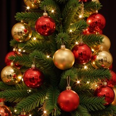 Fototapeta premium A Christmas tree featuring multiple bright ornaments accompanied by a golden-and-red New Years tree arrangement