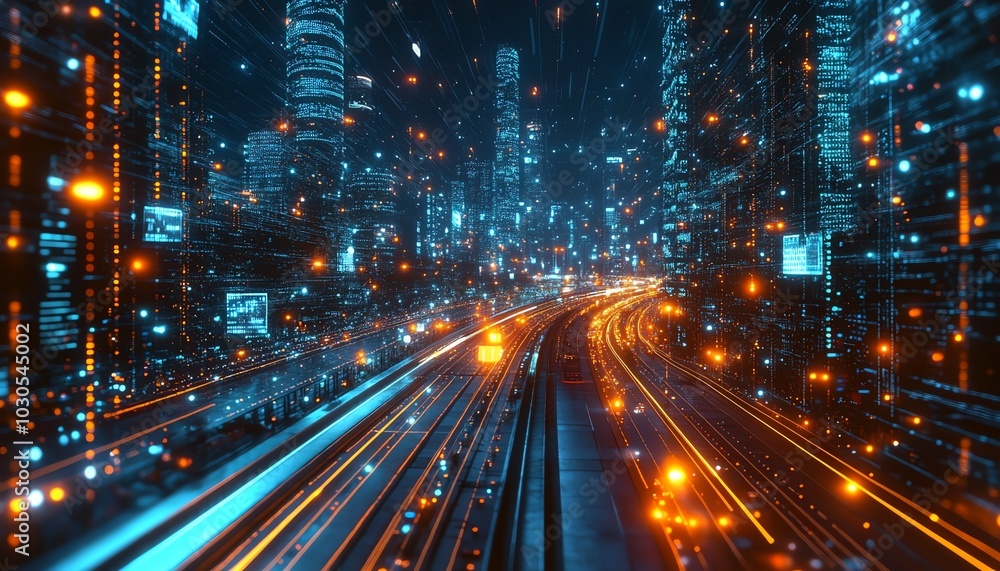 Poster futuristic depiction of an information highway with glowing streams of light, capturing the essence 