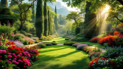 Fototapeta premium Serene Garden Path with Sun Shining through Trees