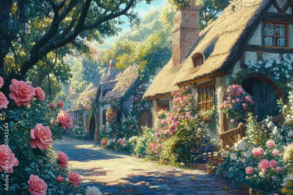 Wall mural A serene village scene with charming cottages surrounded by vibrant roses and lush greenery.