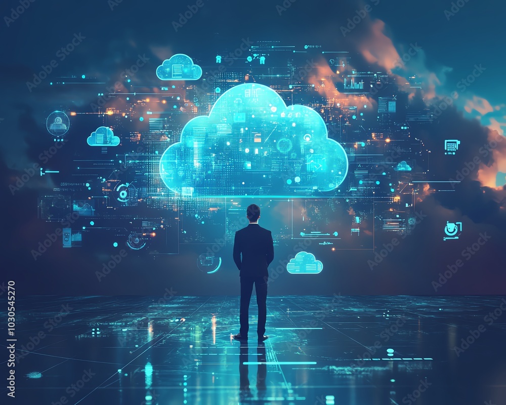 Leinwandbilder illustration of a businessman presenting cloud computing infographics and technology symbols, emphas