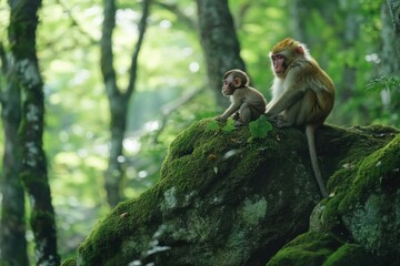 Fototapeta premium A monkey and its baby sit on a mossy rock in a lush forest.