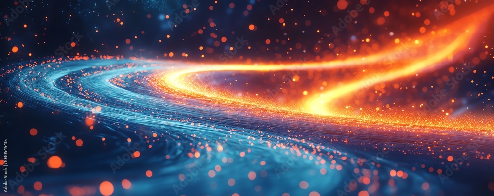 Poster illustration of an information highway filled with radiant streams of light, symbolizing the exchang