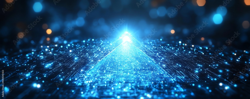 Poster Illustration of blue abstract lines leading in a specific direction on a digital tech background, symbolizing progress and innovation