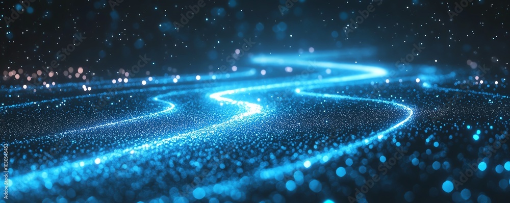 Poster Illustration of blue abstract lines leading in a specific direction on a digital tech background, symbolizing progress and innovation