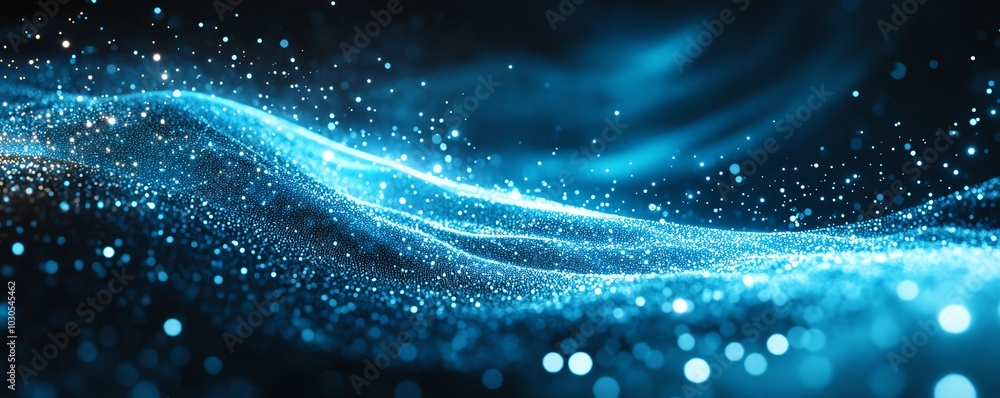 Poster Illustration of blue abstract lines leading in a specific direction on a digital tech background, symbolizing progress and innovation