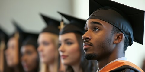 Obraz premium Graduation ceremony featuring diverse graduates wearing caps and gowns, celebrating academic achievement and future opportunities.