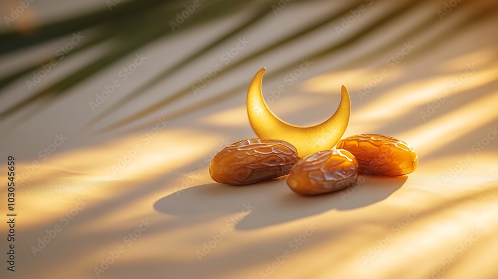 Poster charming ramadan themed minimalistic background featuring a pair of decorative dates and a crescent 