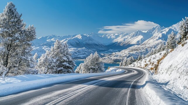 A winter scene on Road  Snow-covered hills and a winding road lined with snowy trees  distant mountains  and a clear blue sky  road with snow  mountains remarkable 