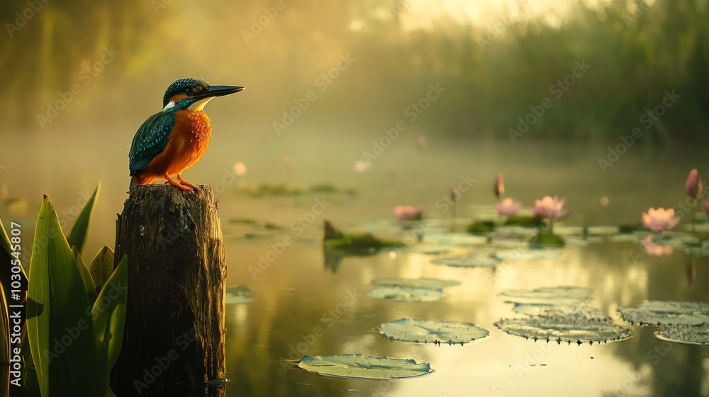 Sticker A serene scene featuring a kingfisher perched on a post near a misty pond with lilies.