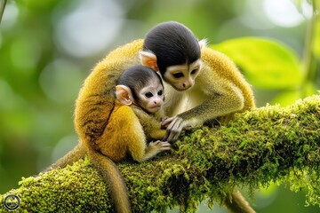 Obraz premium Two monkeys cuddle on a mossy branch in a lush green environment.
