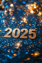 Golden number 2025 and fireworks on blue sparkle and glitter bokeh background. Merry Christmas and Happy New Year celebrating winter holiday background.