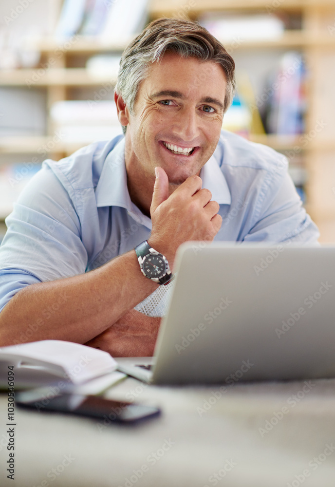 Poster happy, laptop and portrait of mature man for remote work, reading email and networking. freelance, b