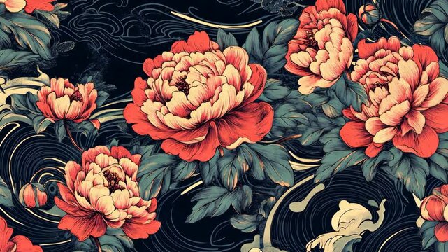 A vibrant illustration of peonies and waves on a black background