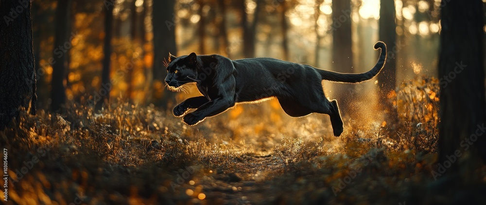 Canvas Prints A sleek panther leaps through a sunlit forest, showcasing agility and grace.