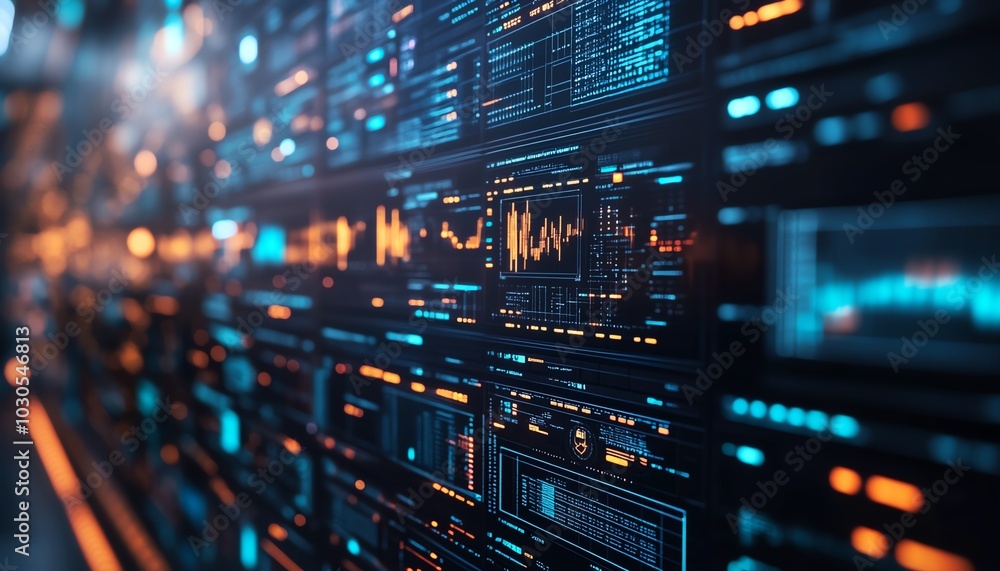 Poster stock image of a cyber technology landscape, showcasing innovative elements like ai, cybersecurity, 