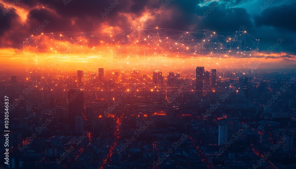 Poster Stock image of a cyber technology landscape, showcasing innovative elements like AI, cybersecurity, and advanced data analytics