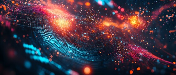 Obraz premium Stock image showcasing innovation in cyber technology, featuring futuristic digital elements and abstract patterns on a dark background