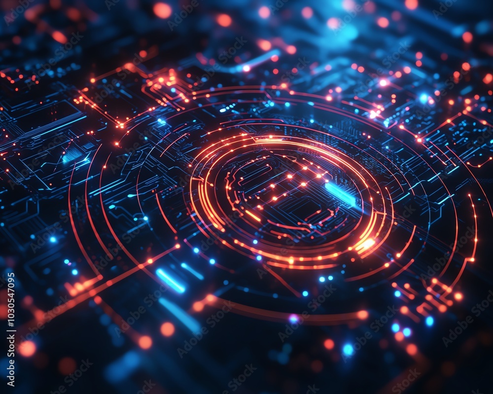 Fototapete stylized background emphasizing innovation in cyber technology, with glowing effects and digital pat