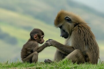 Obraz premium A baboon mother and her baby interact tenderly in a natural setting.