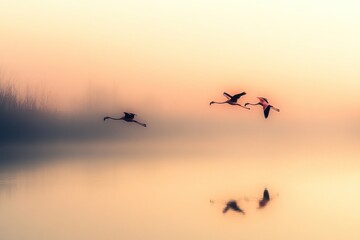 Obraz premium Three flamingos flying over a serene, misty lake at dawn.