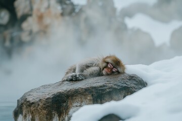 A monkey rests on a rock surrounded by snow and steam, embodying tranquility in nature.