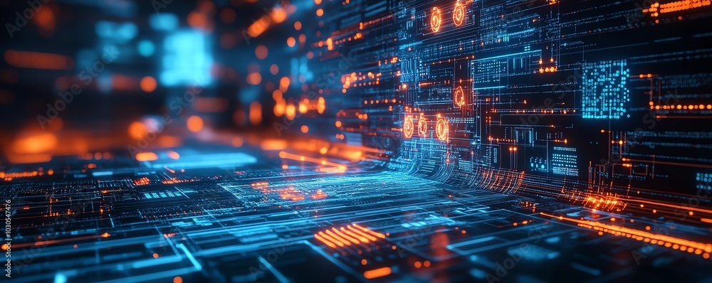 Aufkleber Visual representation of innovation in cyber technology, including circuit boards, data flow graphics, and modern tech interfaces in a stock image