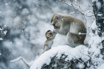Obraz premium Two monkeys interact in a snowy landscape, showcasing wildlife behavior in winter.