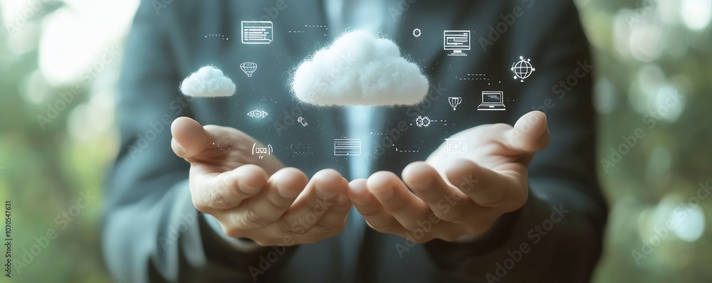 Poster A businessman showcasing cloud computing infographics along with technology icons, representing a stockgenerated theme of innovation and change