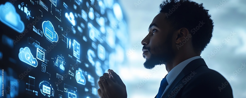 Aufkleber a businessman showcasing cloud computing infographics along with technology icons, representing a st