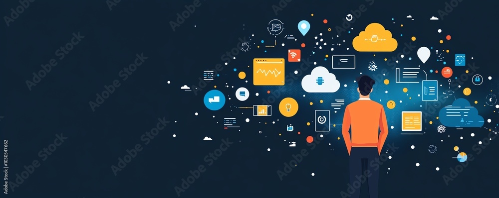 Aufkleber A businessman showcasing cloud computing infographics along with technology icons, representing a stockgenerated theme of innovation and change