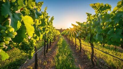 Naklejka premium Vibrant Vineyard Rows Under Clear Blue Sky