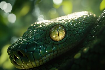 Obraz premium Close-up of a green snake's head with a striking golden eye in a lush environment.