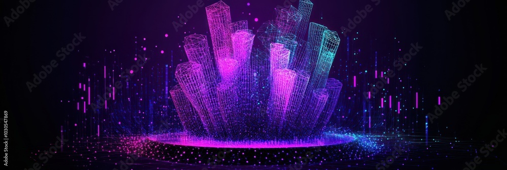 Poster a vibrant digital representation of abstract geometric shapes with glowing particles.