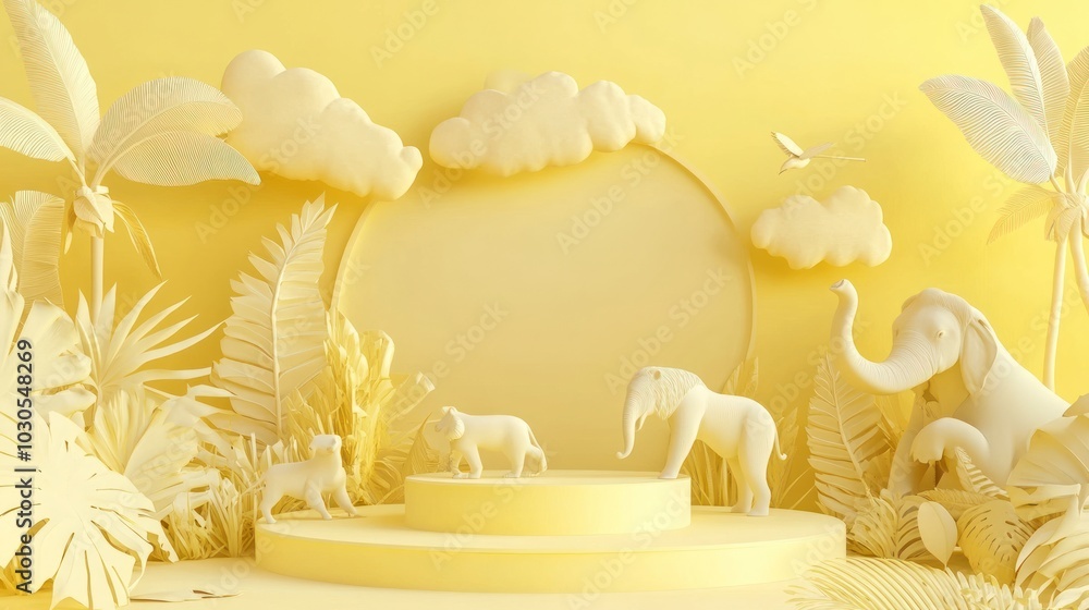 Poster A whimsical yellow scene featuring stylized animals and tropical plants in a playful setting.