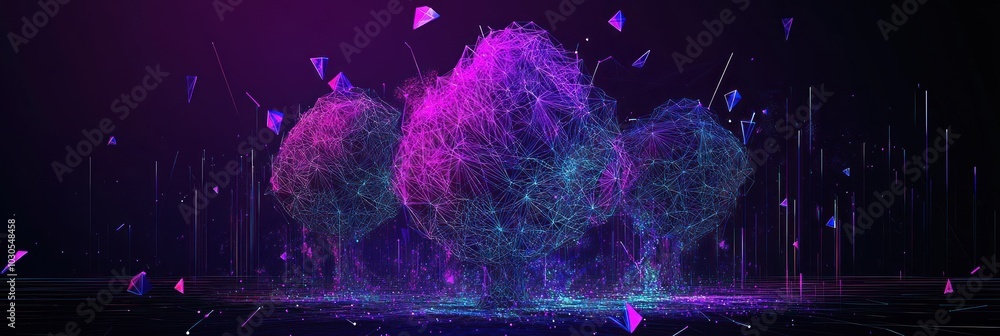Poster abstract representation of trees with vibrant colors and geometric shapes.