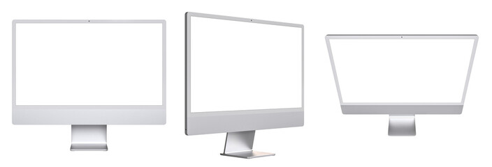 Three computer monitors showing blank screens