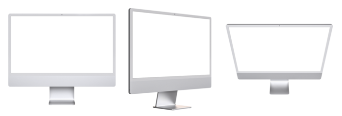 Three computer monitors showing blank screens