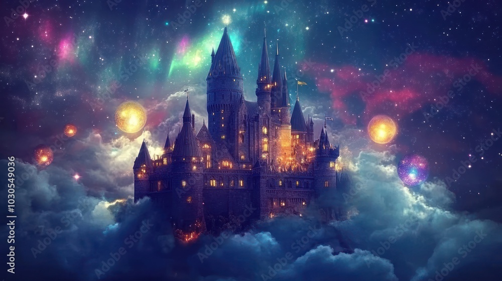 Sticker A mystical castle illuminated within colorful clouds and stars, evoking fantasy and wonder.